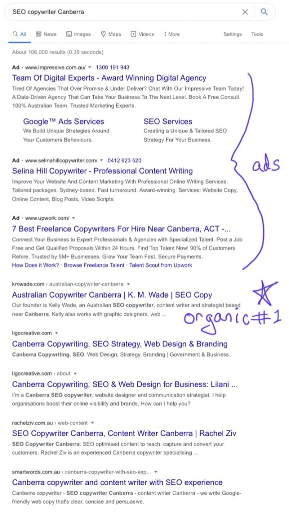 K. M. Wade sets at the top of the organic search results for the query ‘SEO copywriter Canberra’