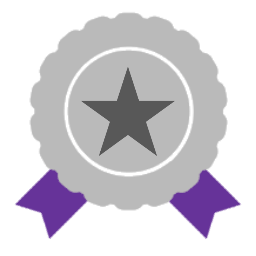 Silver award with purple ribbons and star icon