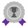 Silver award with purple ribbons and trophy icon