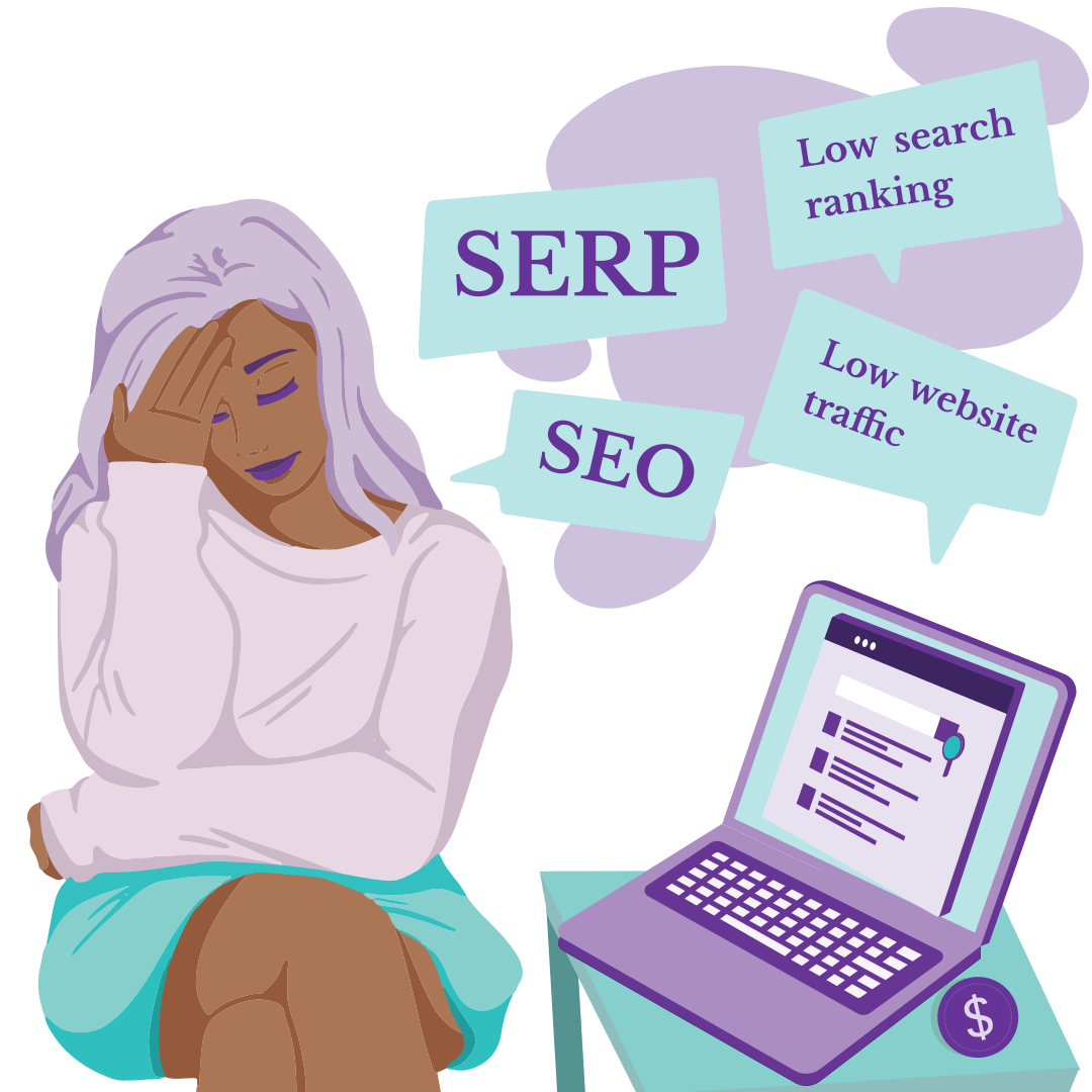 A woman rubs her head with worry. Next to her sits a laptop displaying the top three search listings and she's not listed there. Speach bubbles above the laptop say things like SEO, SERP, low search ranking, and low website traffic, and beside the laptop is a single coin. This all symbolises that because she hasn't done a good job with her SEO, she's got a low search ranking and little website traffic with the result that she's not making much profit.