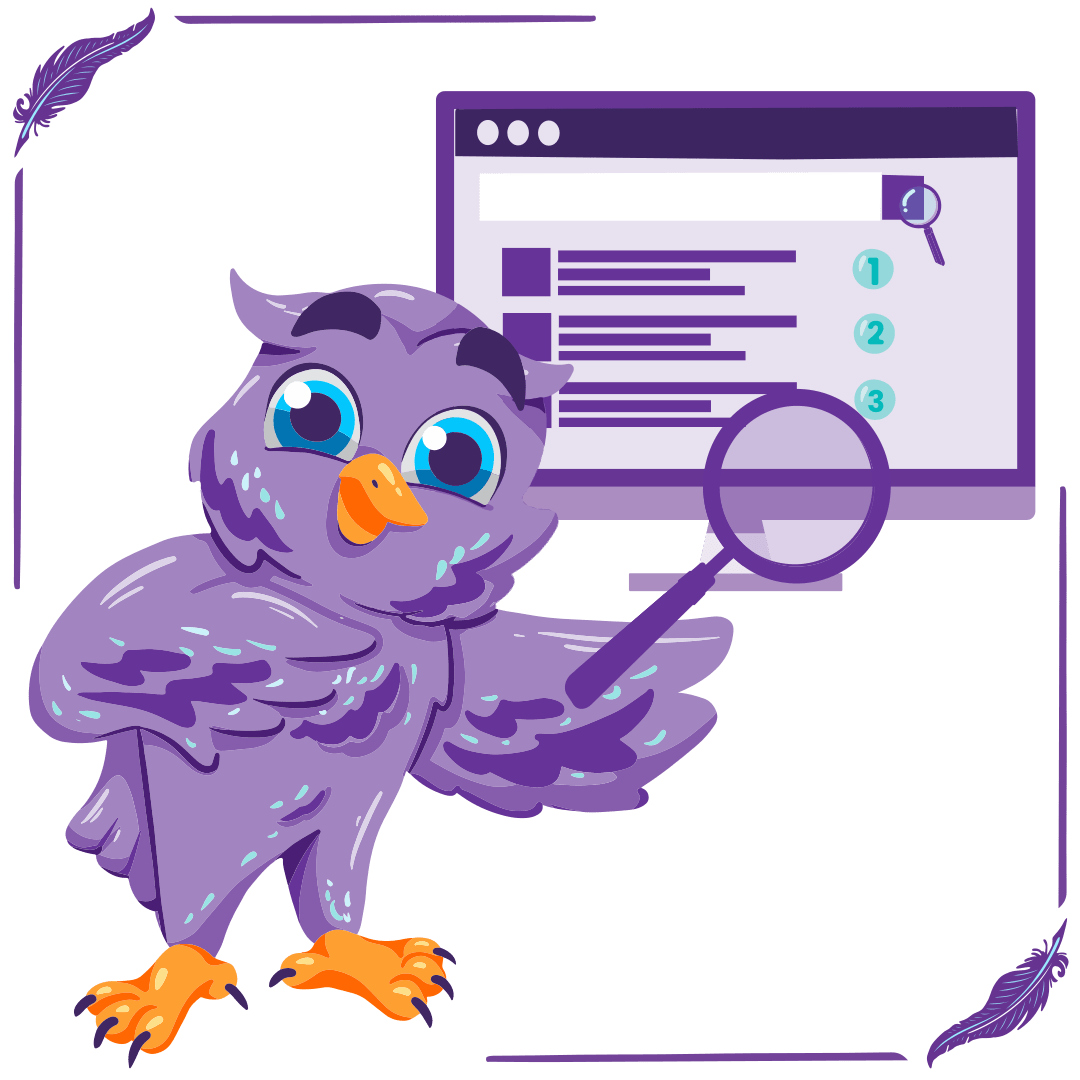 The K. M. Wade brand owl holds a magnifying glass over a search results page that shows the top 3 search listings because they’re the positions to aim for if you want to grow your business through organic (unpaid) search.