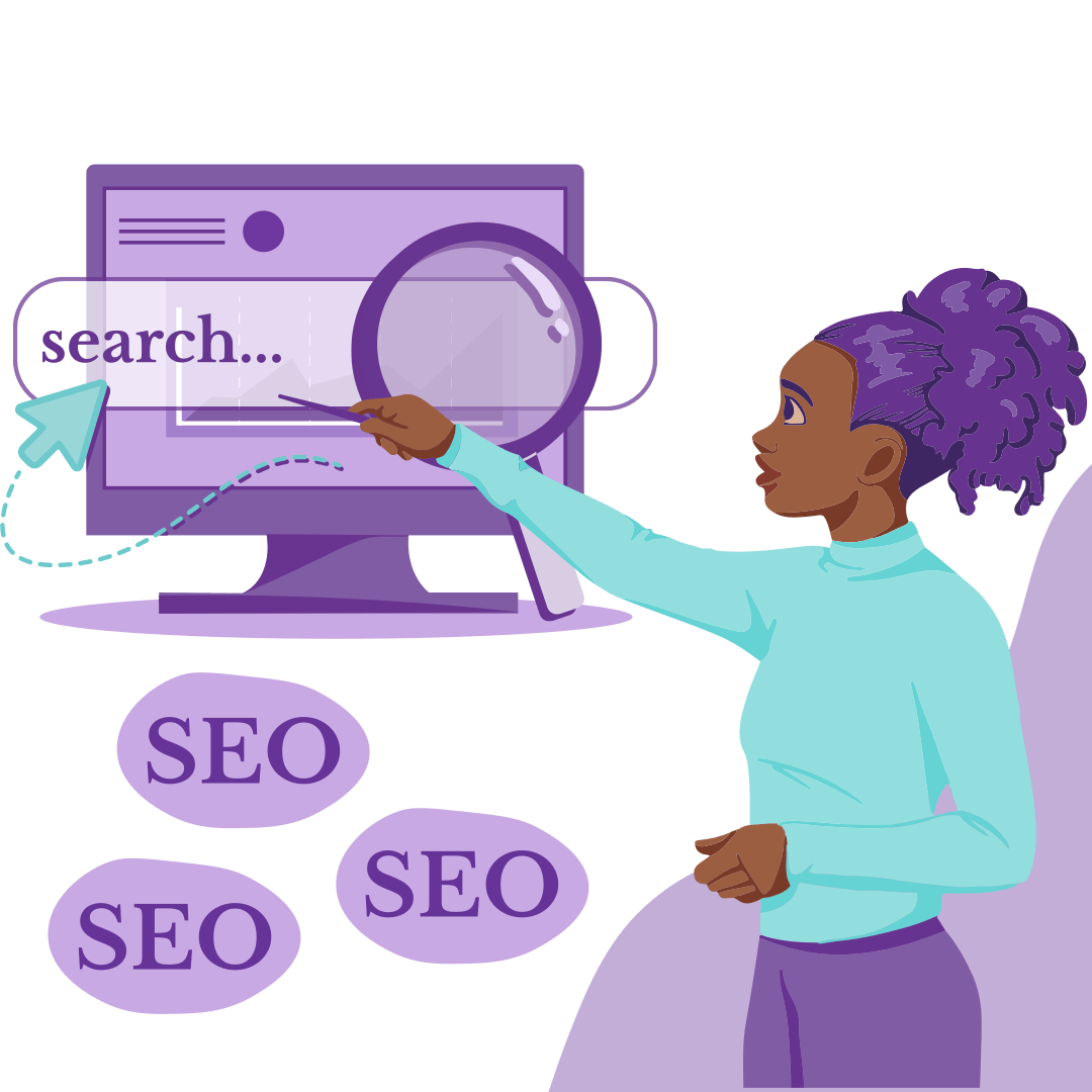 A woman points to a monitor showing a search bar with a chat bubble below it that says SEO. She’s positioned so she appears to be teaching students about SEO and how to write great searc listings.